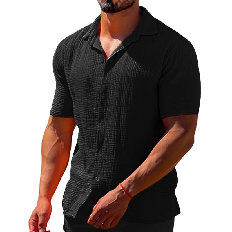 Camisa informal de lino y algodón para hombre, cárdigan de manga corta con botones y solapa, ropa de calle para primavera y verano, 2023