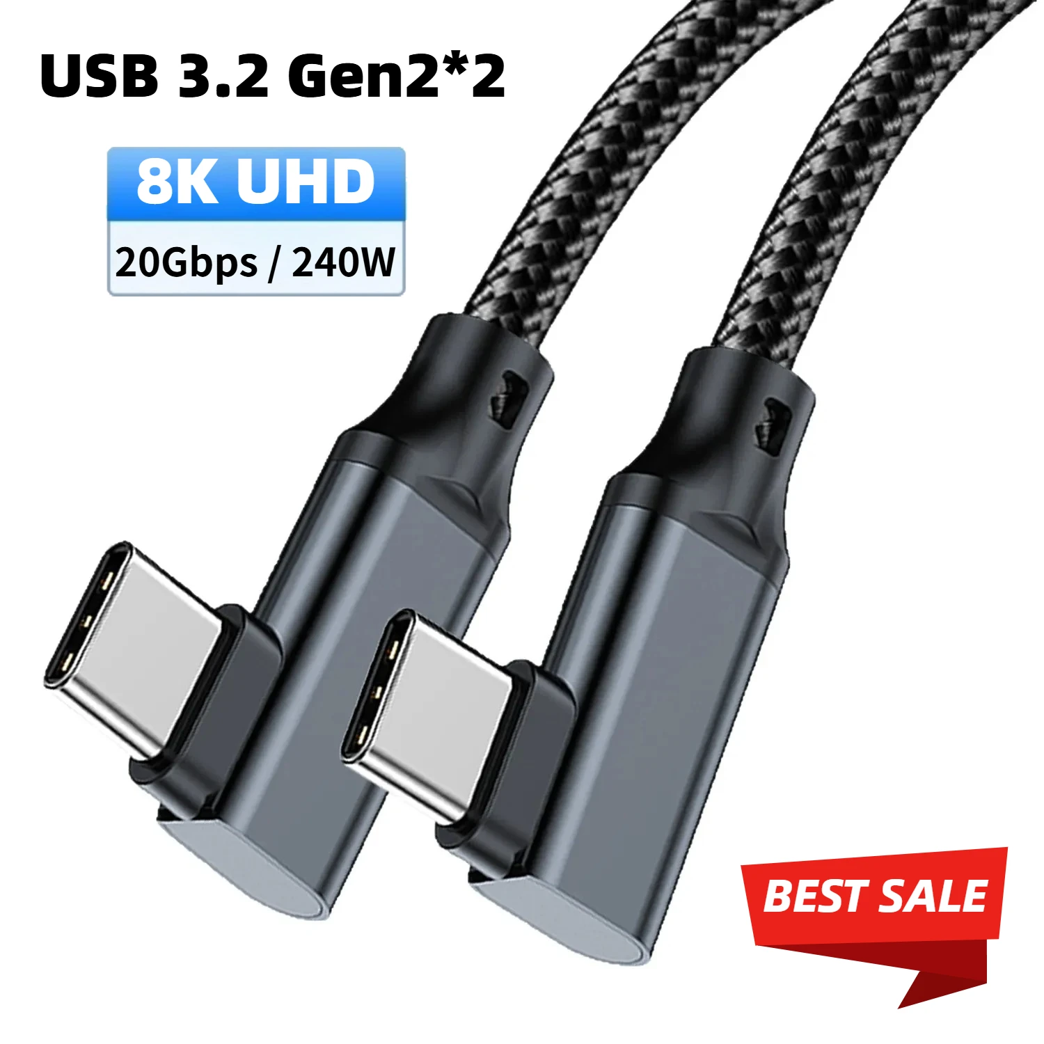 USB C to Type C Data Cable 90 Degree Angle VR Link USB3.2 Gen2 20Gbps 8K 60Hz 240W PD Fast Charging Cord Carplay Thunberbolt 4/3