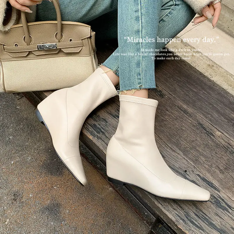 

Women's Stretchy Faux Leather Square Toe Ankle Boots, Soft Wedge Height Increasing Heel Slip-On Fashion Dress Sock Booties 2024