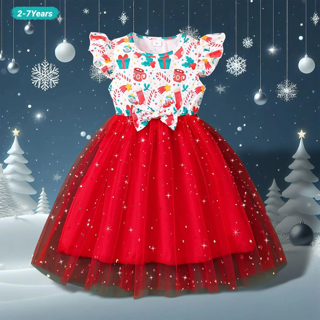 Christmas Kids Girls Dress Summer Short Sleeve Bow  Gauze Children Dress Casual Soft Ventilate Sweet Cute Girls Clothing 2-7Y