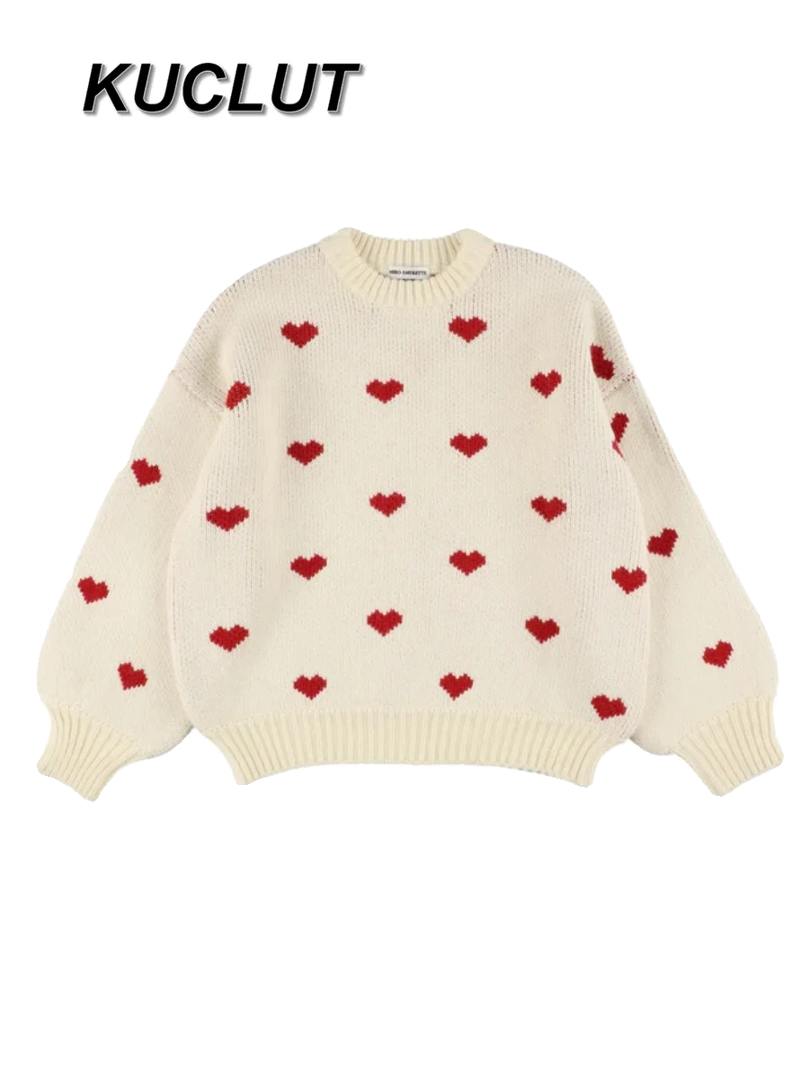 

Толстые очаровательные жаккардовые пуловеры с круглым вырезом в форме сердца для женщин, свободный вязаный свитер с рукавами-фонариками, топ, осень-зима