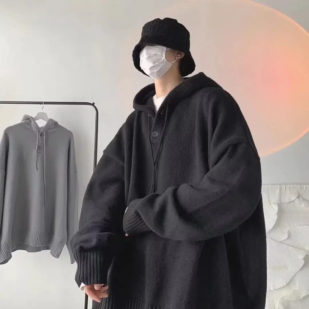 Men Sweater Streetwear Vintage Hooded Sweaters Oversized Pullovers Men Loose College Solid Knitted Tops Streetwear Hoodies