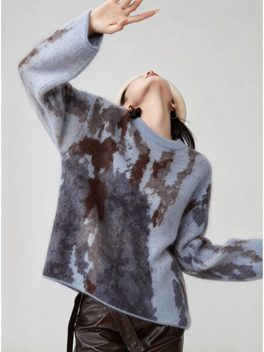 Bornladies Women's Autumn and Winter Sweater Sesame Dot Jacquard Tie Dye Fashionable Long Sleeved Knitted Cashmere Sweater
