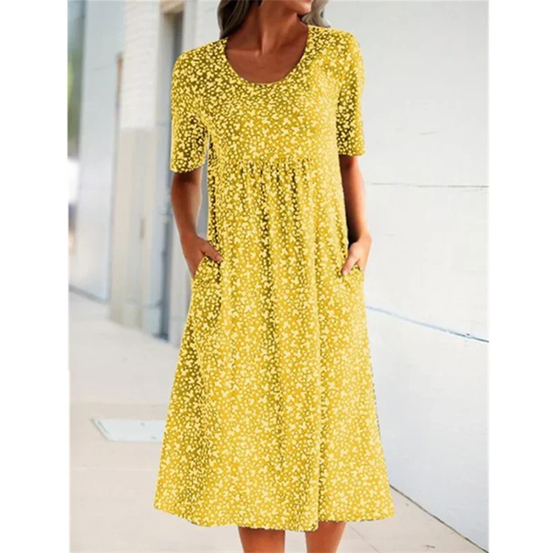 Women Sweet Style Small Flower High Waist Dresses O Neck Pullover Double Side Pockets Dress Elegant Female Commuter Casual Gown