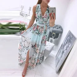 2022 Independent station summer print V-neck temperament sleeveless slim cut chiffon dress