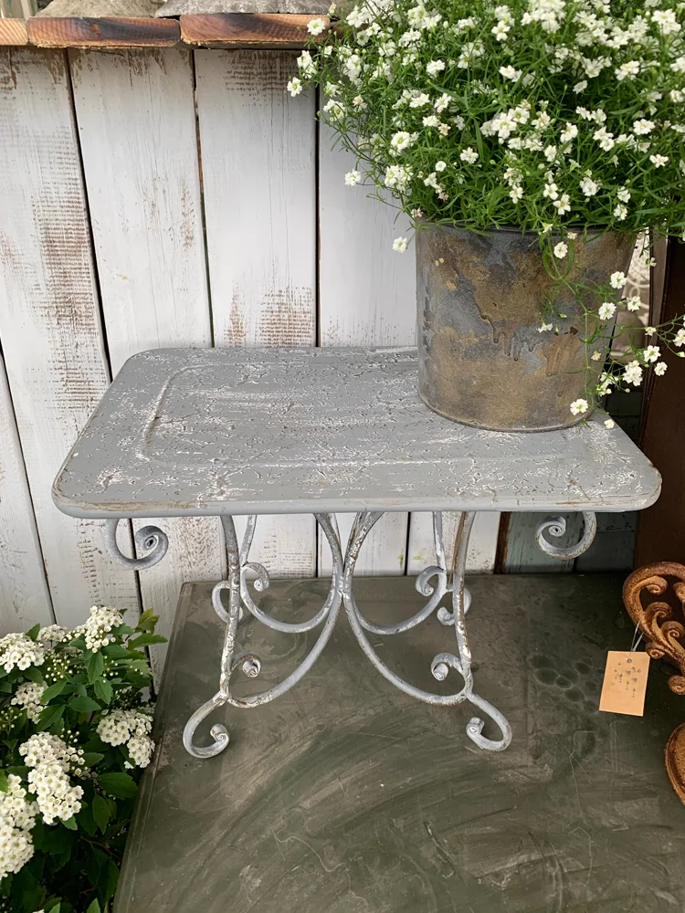 Multi-Purpose Cement Gray Finish Scrolled Vintage Rustic Metal Iron Stool Flower Stand and Seating