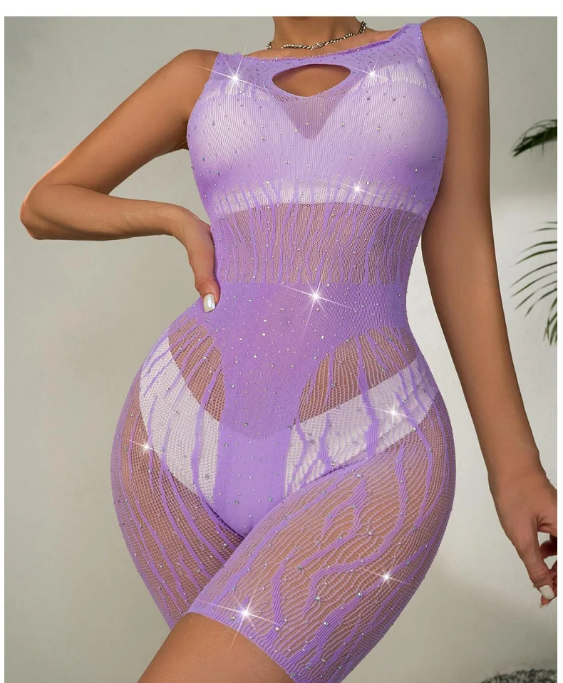 Sexy Fishnet Girl Sleeveless Rhinestone Jumpsuit One Piece Crystal Panty Bodystockings Clubwear Lingerie