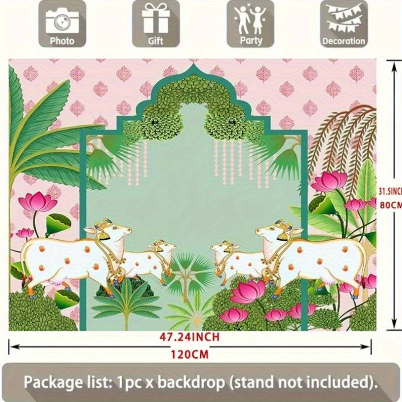 خطة ثنائية الأبعاد، قطعة واحدة، خلفية بقرة وردية ولوتس وردية - تصميم أنيق من الزهور الخضراء والوردية