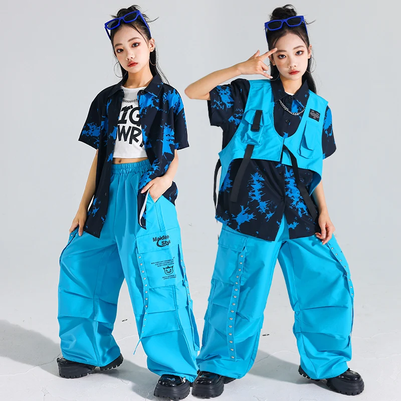 Ragazzi Hip Hop T-shirt a contrasto Gilet blu Pantaloni della tuta Ragazze Street Dance Jazz Costume Abbigliamento per bambini Set Bambini K-pop Streetwear