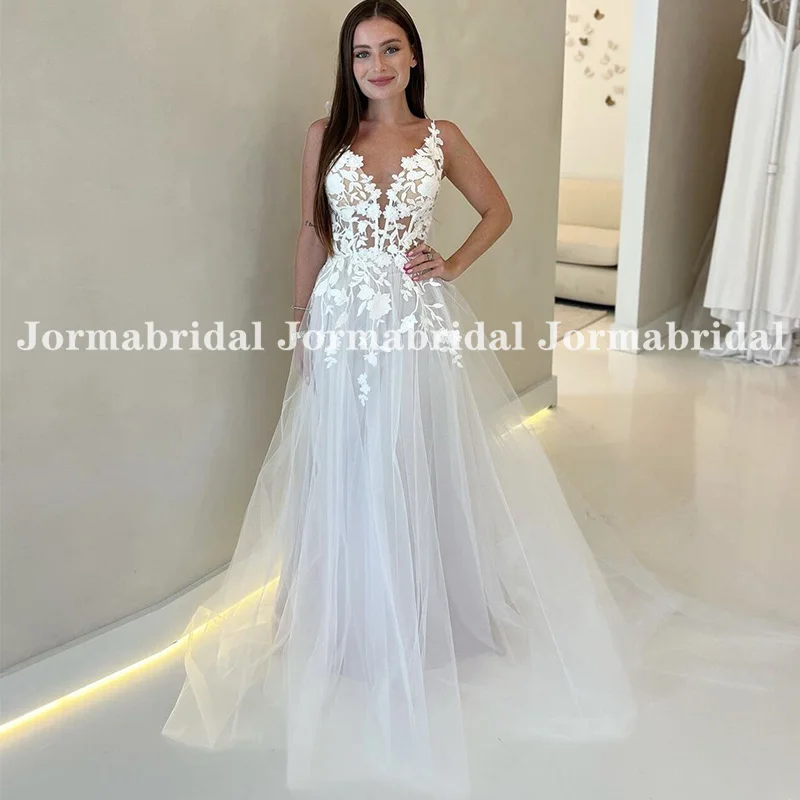 

Lightweight Tulle Wedding Dress V-neck Illusion Bodice Floral Appliques Boho Bridal Gowns A-line Civil Bride Dresses for Women