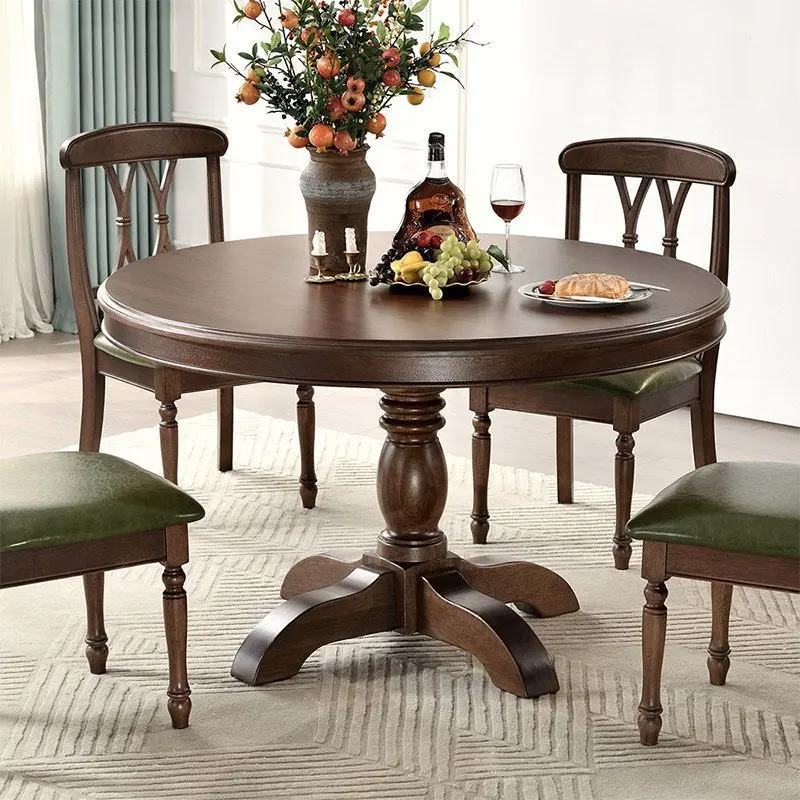 American-style dining table and chair combination: walnut solid wood round dining table, available from 1.2 meters to 1.6 meters