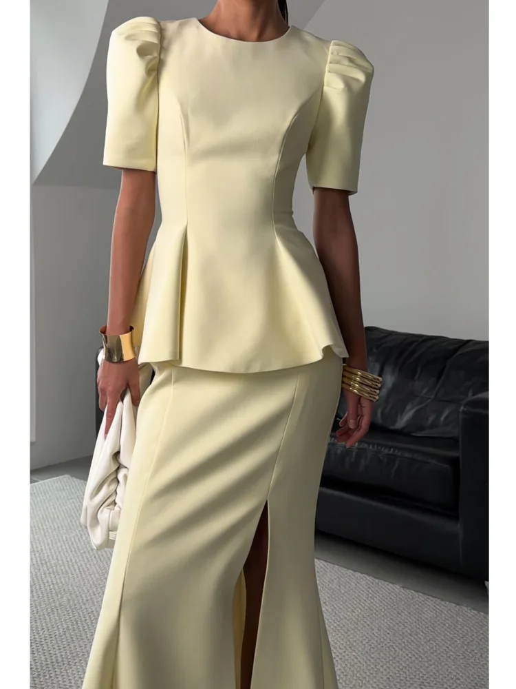 DFDG Women 2026 Spring Summer Two Piece Puff Sleeve Peplum Blouse High Waist Slit Mermaid Skirt Elegant Formal Evening Set view 5