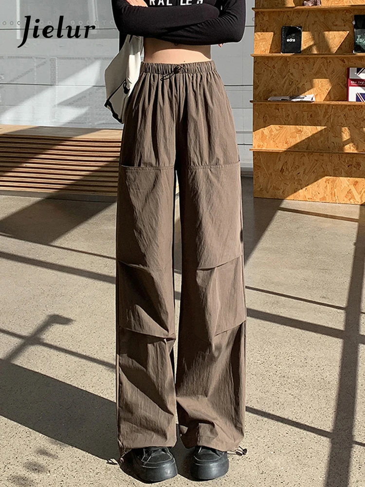 

Jielur Pure Color Sport Cargo Pants Elastic Waist Casual Pleated American Style Women's Pants Loose Khaki Black Female Trousers