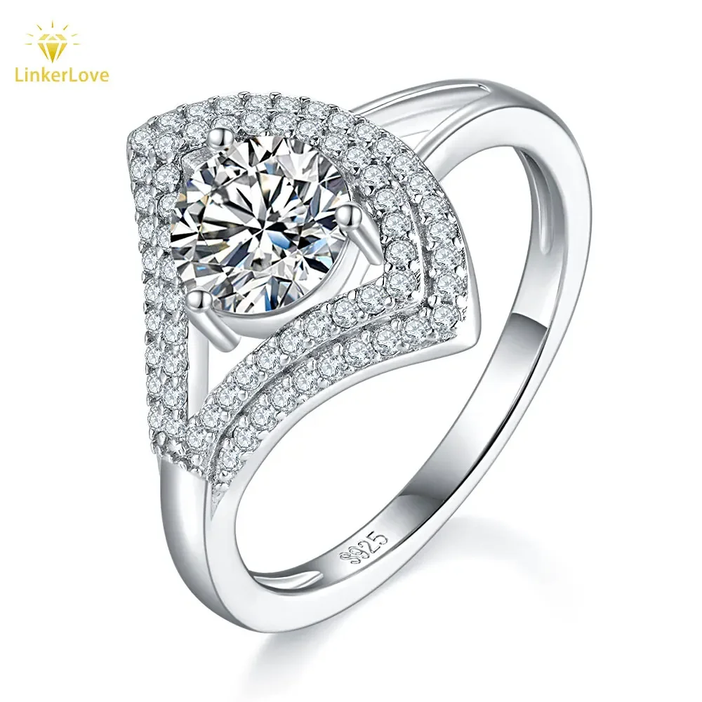 LinkerLove 1ct Moissanite Skirt Engagement Ring S925 Sterling Silver for Women 18K Gold Plated Diamond Wedding Band Fine Jewelry