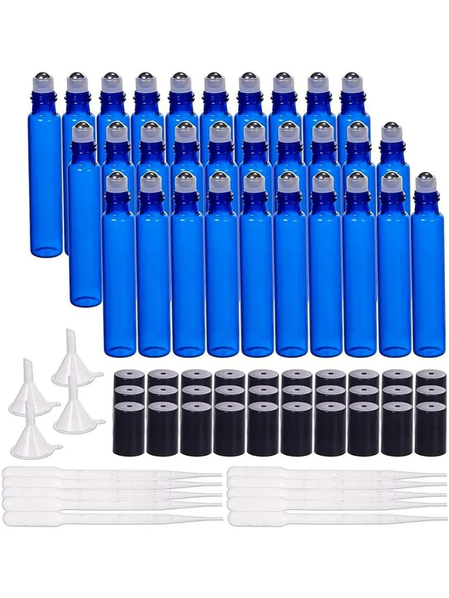 30 Pack 10ml Coalt Blue Glass Roller Bottles with Stainless Steel Roller Balls 10 Graduated Transfer Pipette and 4 Funnels