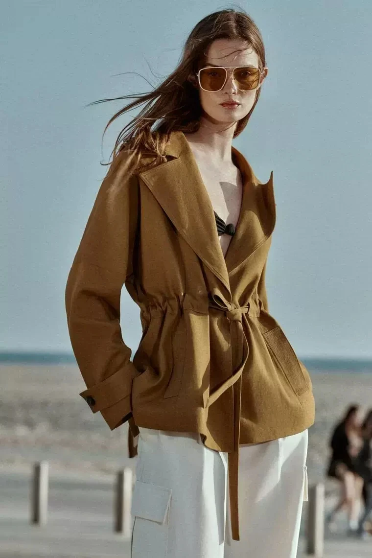 

Spring Summer 2026 Women's Casual Linen Coat with Belt Long Sleeve Turn-down Collar Leisure Outerwear Commute Style Pure Color