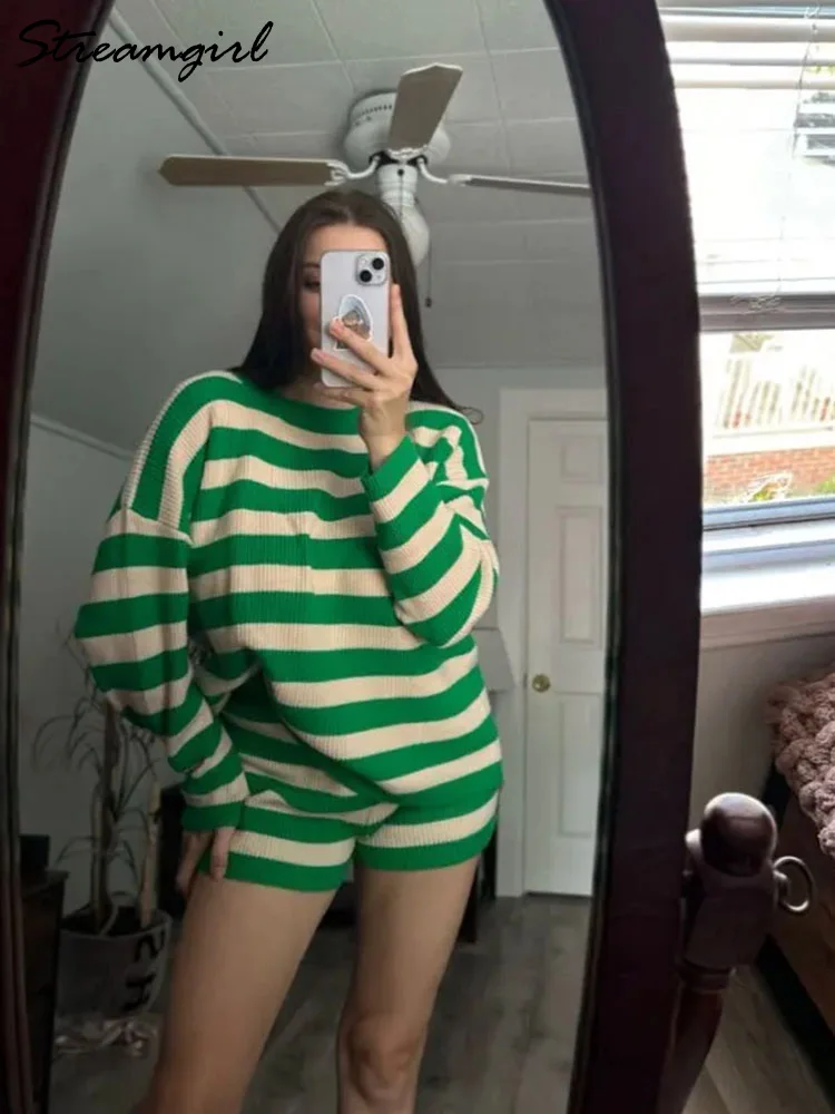 Striped Sweater And Shorts Set For Women Autumn Knit Two Pieces Outfits Oversized Pullovers Women Stripe Shorts Sets 2 Pieces