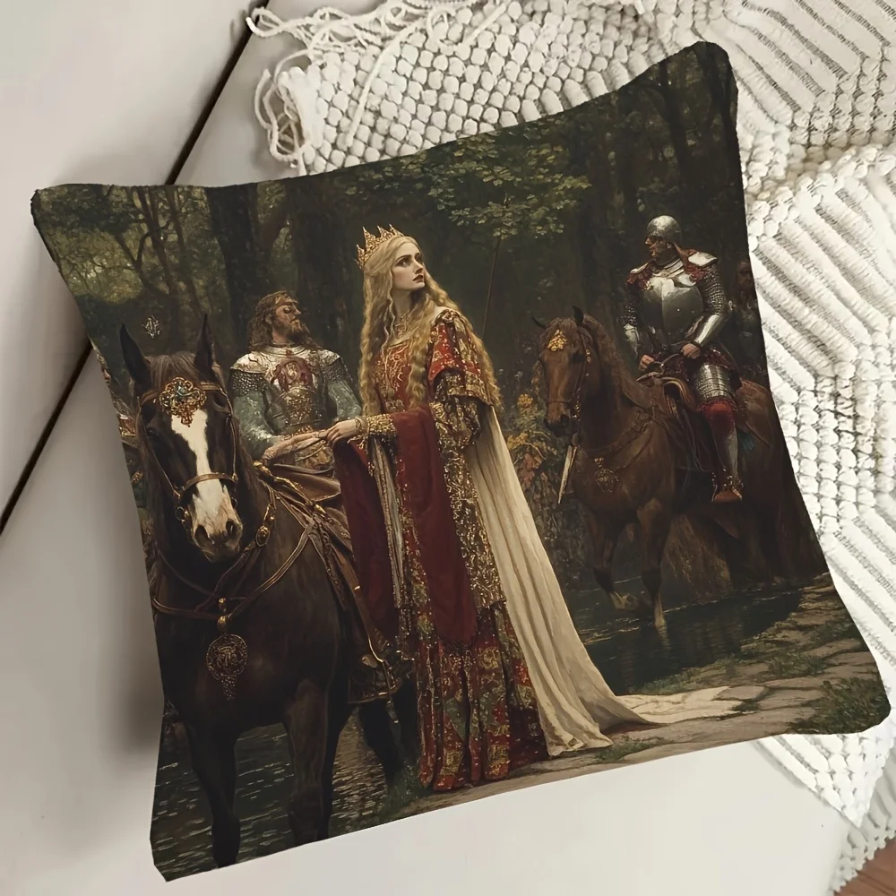 1pc Medieval Queen & Knights Pillow Cover, Polyester 2D Double-Sided Print, Vintage Fantasy Forest Royalty Art, Gothic Home & Ca