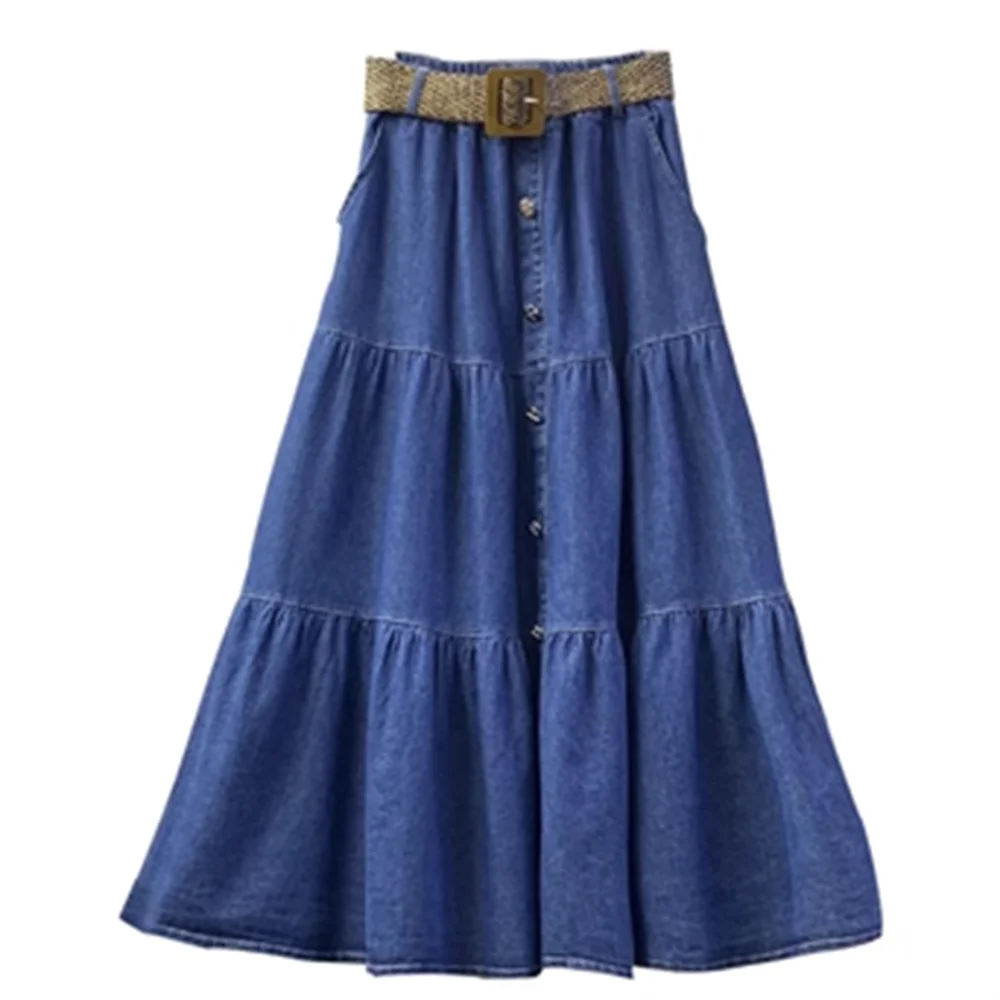 blue single-breasted jeans skirt splicing high-waisted long skirt