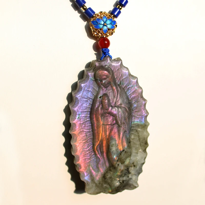 Unit One Piece Natural Pink Purple Flash Labradorite Big Virgin Mary Necklace Pendant For Gift