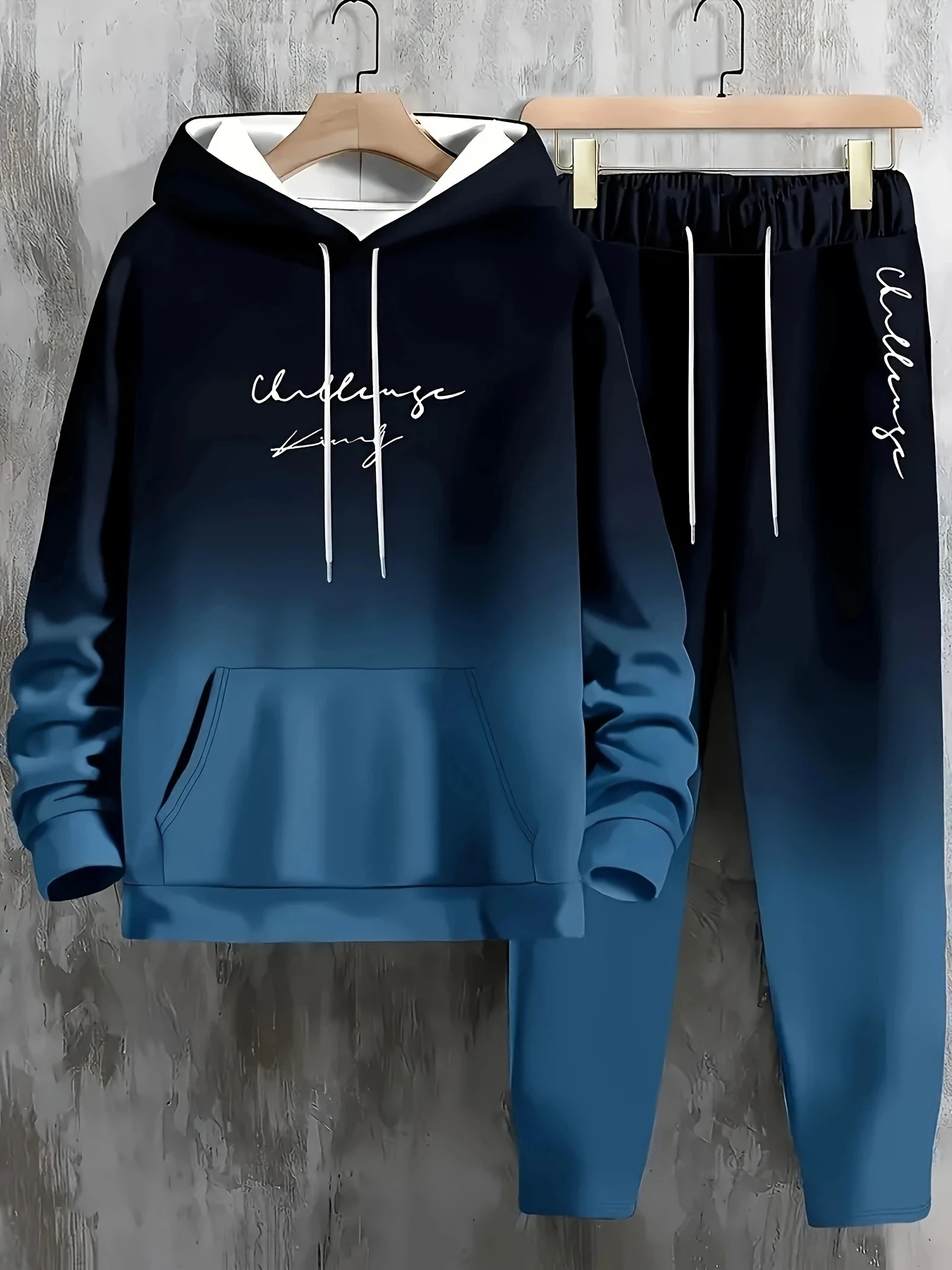 

2-piece plus size men's casual suit, gradient blue black, letter printed hoodie and sweatpants, fashionable for autumn and winte
