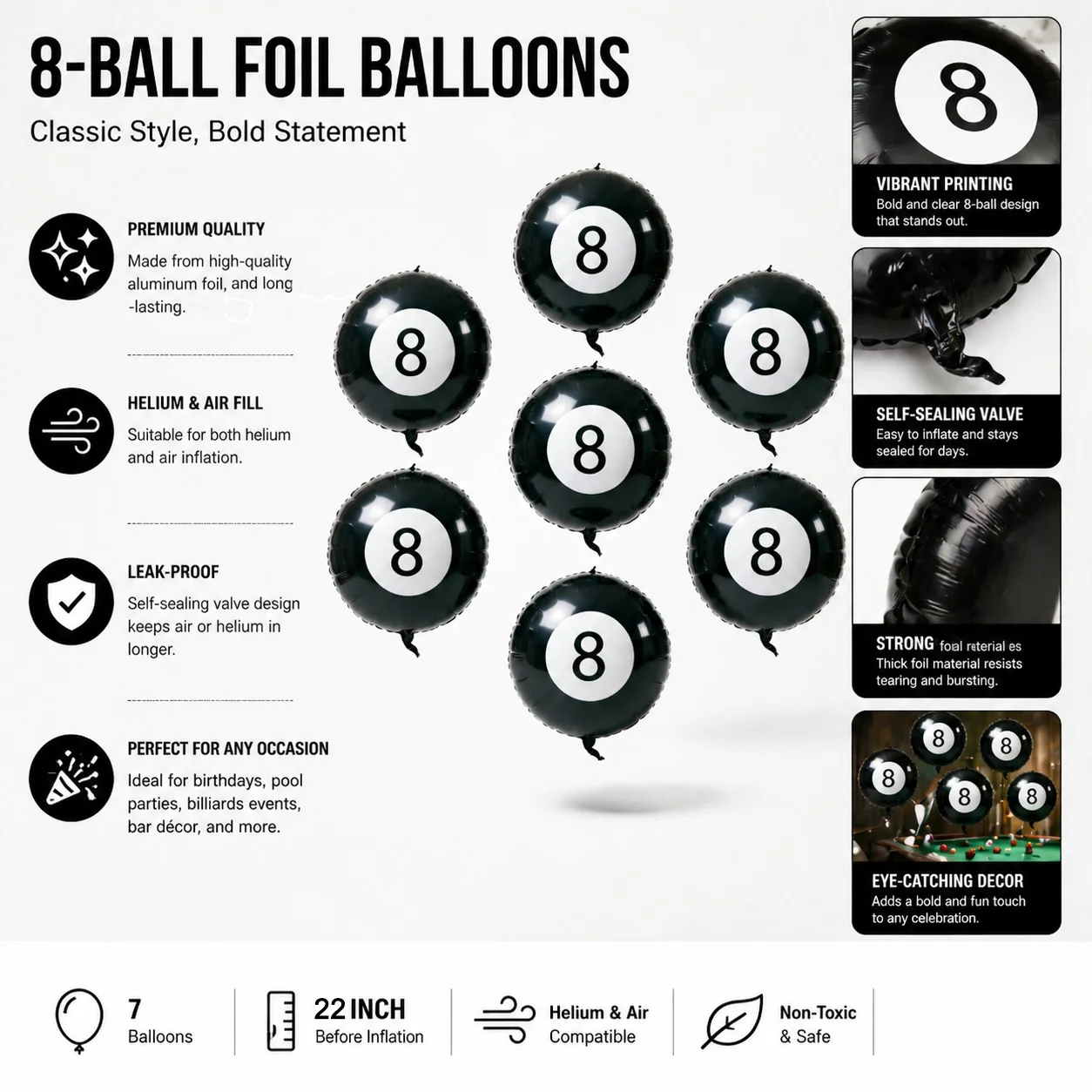 Snooker Black 8 Foil Balloons, 22-inch Black Billiard Party Decorations, Helium and Air Fillable, Pack of 7