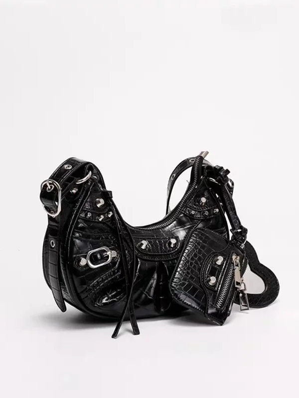 Y2K Motorcycle Bag Underarm Bag Trendy Girl Bag Rivet Tassel Three-in-One Pleated Bag Single Shoulder Crossbody Bag