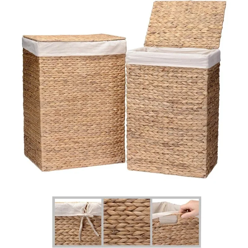 Wicker Laundry Hampers Set of 2 Water Hyacinth Storage Baskets with Integrated Handles, Removable Liners