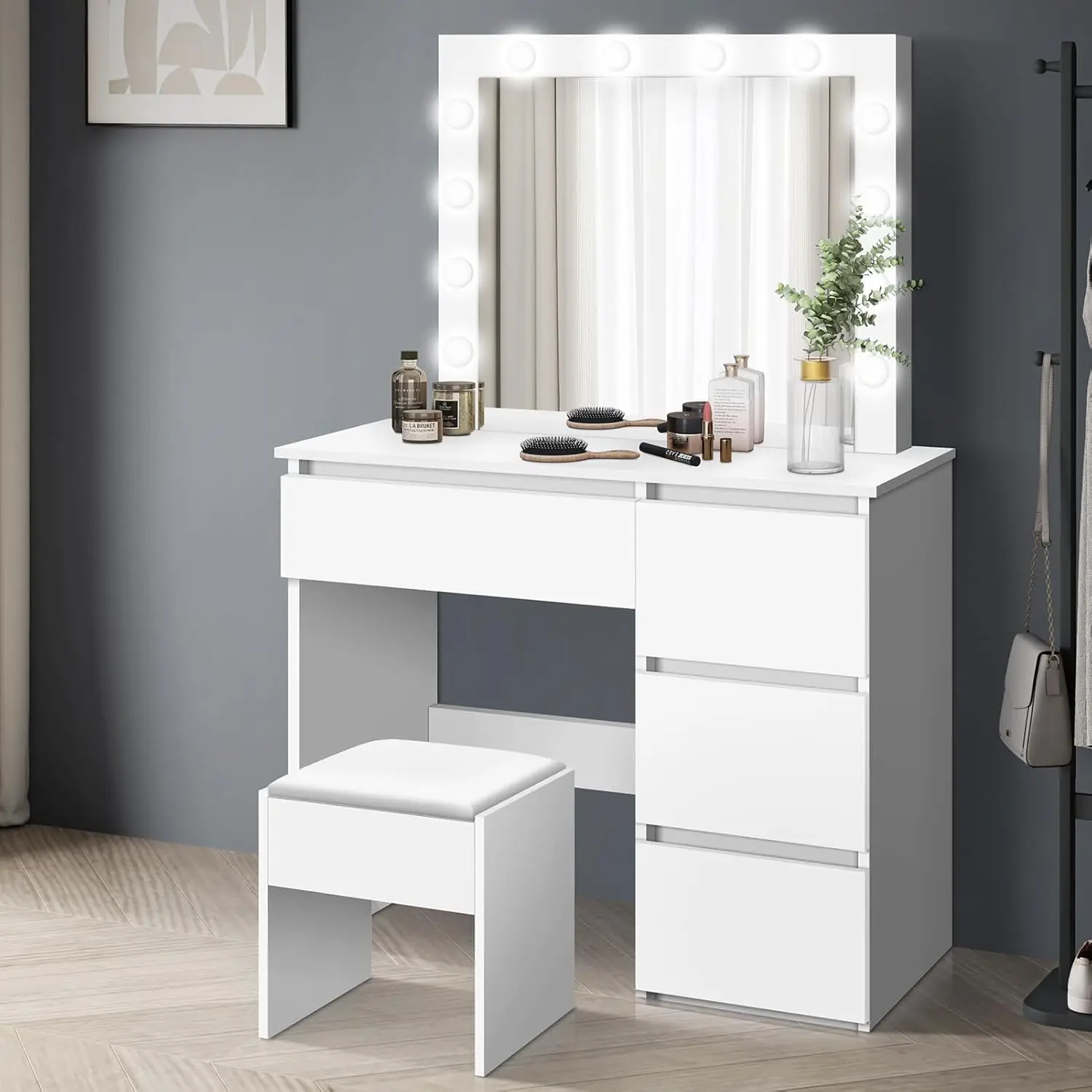 with Mirror 12 LED Bulbs in Adjustable 3-Colour Light, Jewellery Vanity Table Organi Dressing Table Stool Set Makeup Vanity Desk