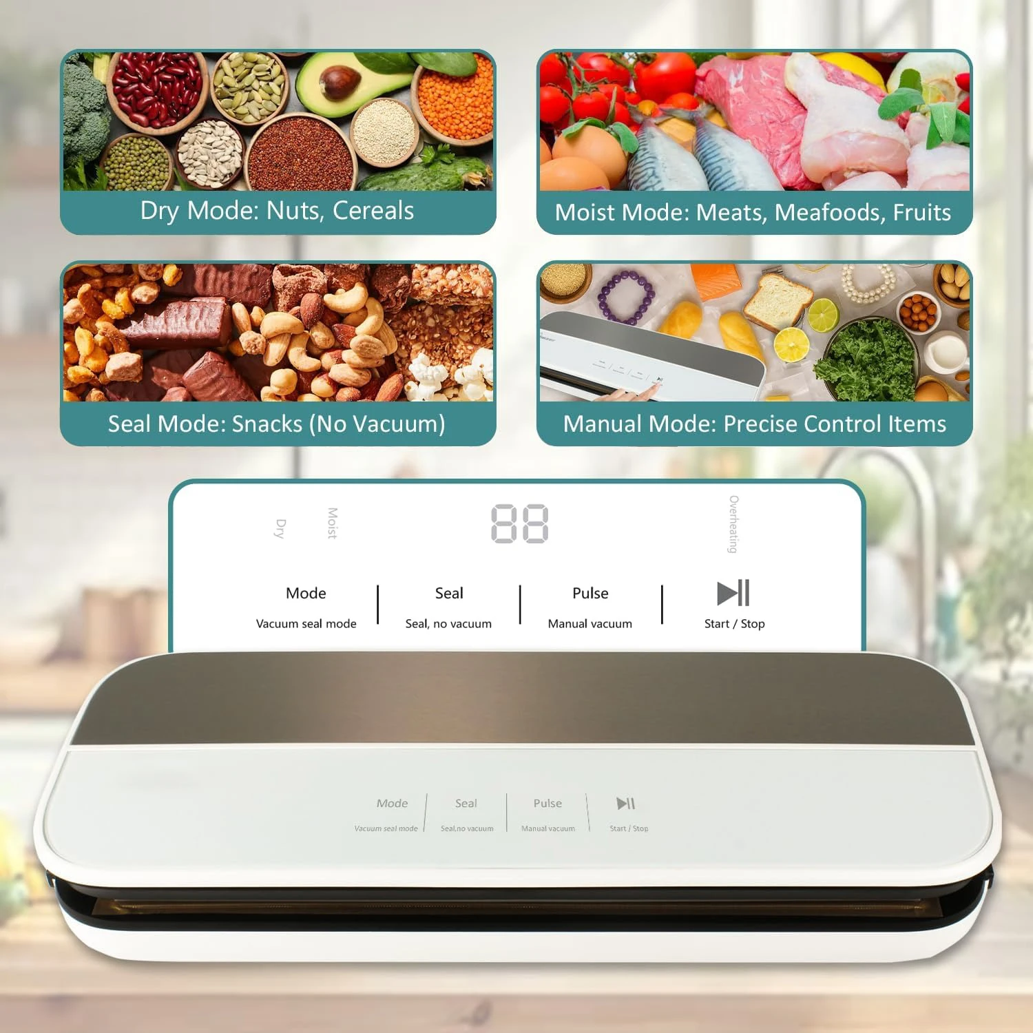 DCODE Vacuum Sealer Machine Fast-seal Automatic Food Sealer 65KPA Powerful Suction with 4 Modes for Food Storage