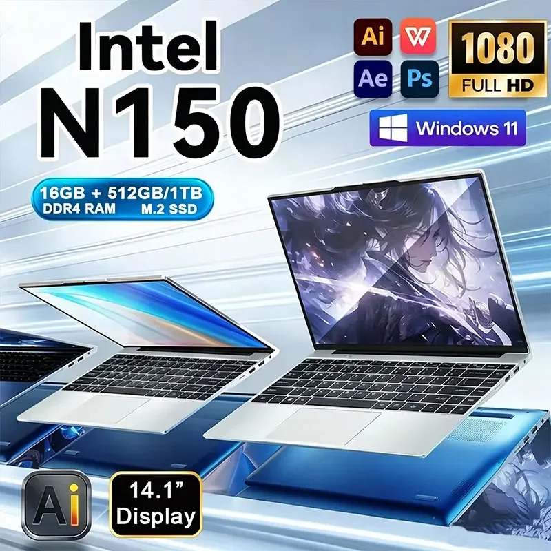 Intel N150 14.1" Gaming Laptop Windows 11 16GB RAM 1/2TB M.2 SSD Laptops 4K HD Desktop Office School Study Notebook Computer PC