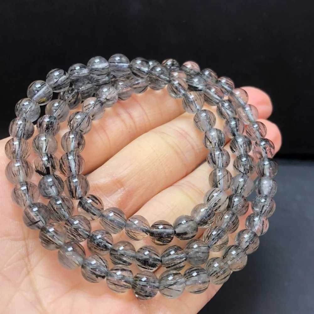 

5MM Natural Black Hair Quartz Triple Circle Bracelet Fashion Crystal Quartz Gemstone Jewelry Reiki Healing Gift For Women 1pcs
