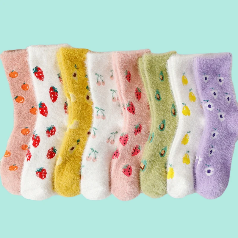 

8/16 Pairs Women's Cotton Comfort Casual Socks Solid Color Breathable Women's Cotton Socks Autumn And Winter Fruit Pattern Socks