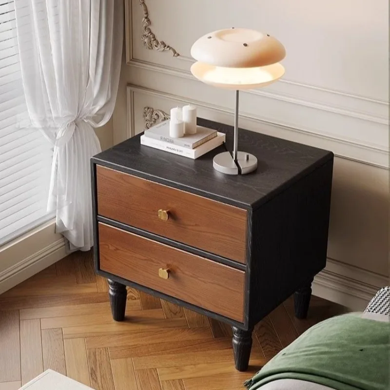 Wooden Nightstand Contrast Panel Storage Cabinet Retro Turned Leg Bedside Table with Metal Knobs for Bedroom Sofa Side Storage