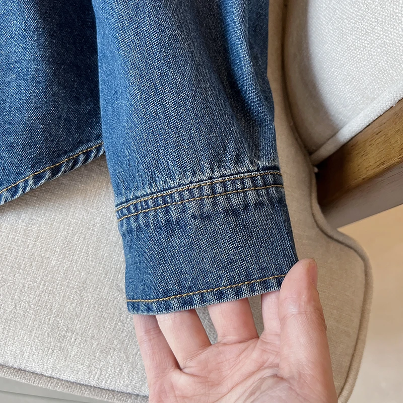 Slimming High Waist Denim irt Women's Loose Long Sve Turn-down Collar Double ket Single Button Autumn New Arrival