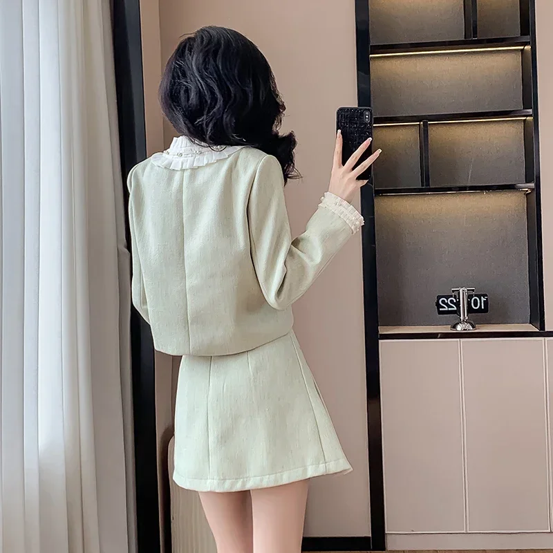 Spring Autumn New Pink Elegant Long Sleeves Coat A-line Half Skirt Suits Regular Fit Trajes De Mujer Conjunto 2 Piezas Elegantes