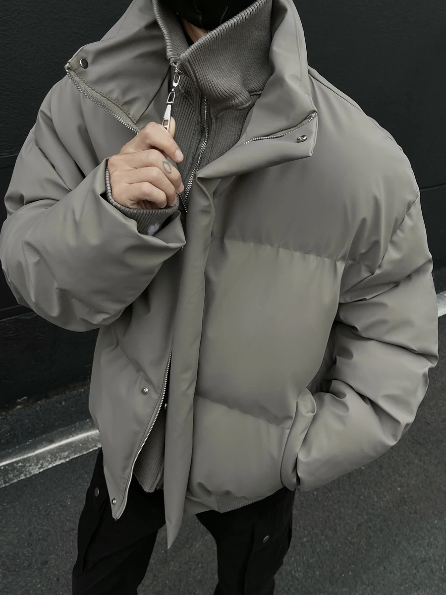 Faux Two-Piece PU Leather Cotton Jackets Men 2025 Winter New Thickened Warm Stand Collar Chic Parkas Jackets Trendy Cotton Coats