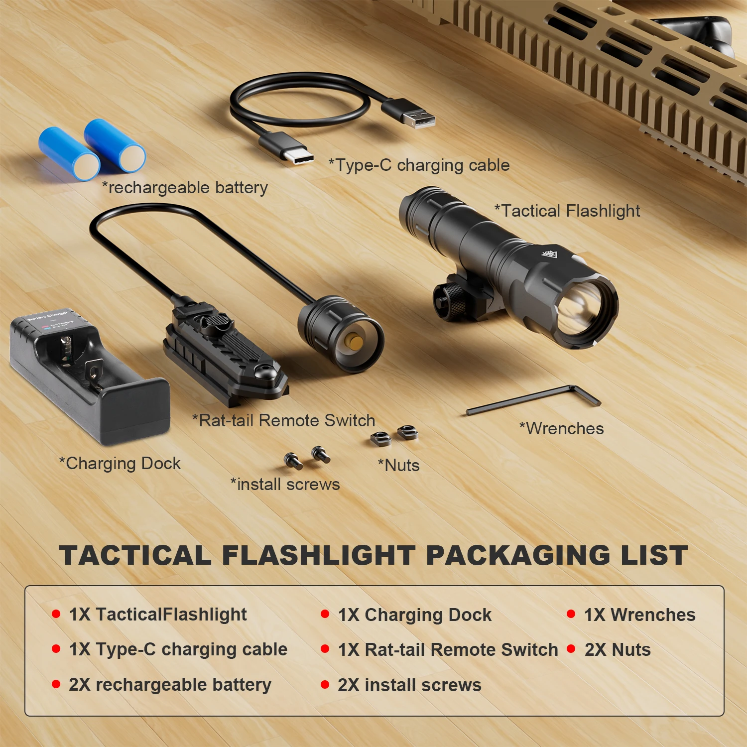 4025 Trilho Picatinny/M-LOK |   Potência Dupla (Recarregável/CR123A) |   IPX5 Resistente à Água e Choques |   com pressostato.