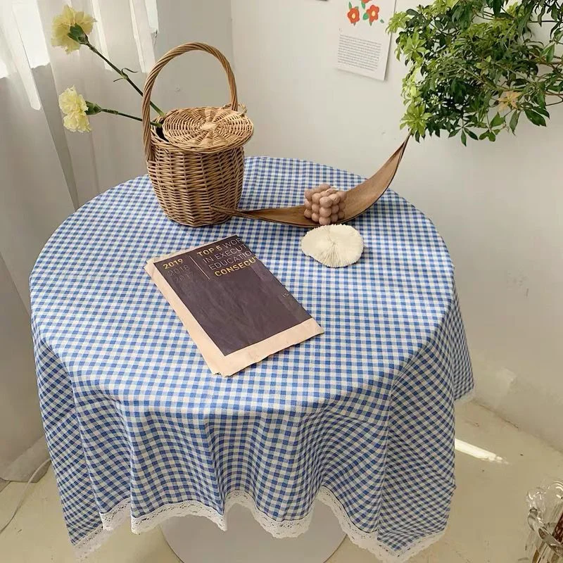 Literary and fresh blue and white checkered lace edge tablecloth for home dining, living room decoration, table cover cloth