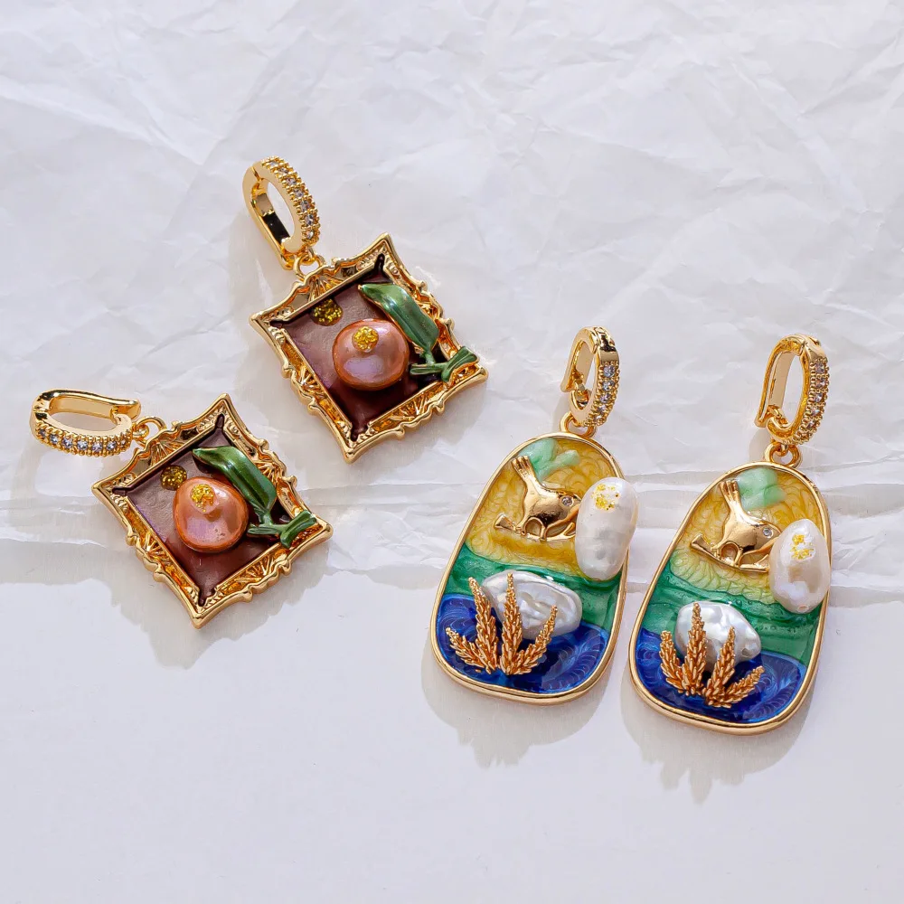 

1Pc of Copper-gold Plated Jewelry Pendant Accessorie Rose Oil Painting Style DIY Necklace Pearl Chain Making Materials Wholesale