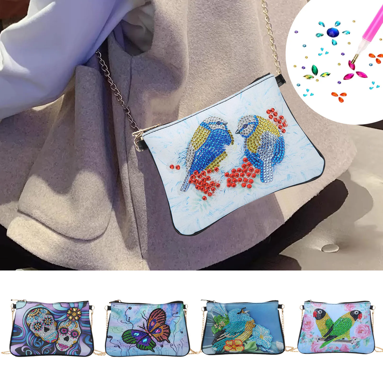 

1 DIY bird, skull diamond painting crossbody bag set (for adults, with chain), round and special-shaped diamond handicrafts