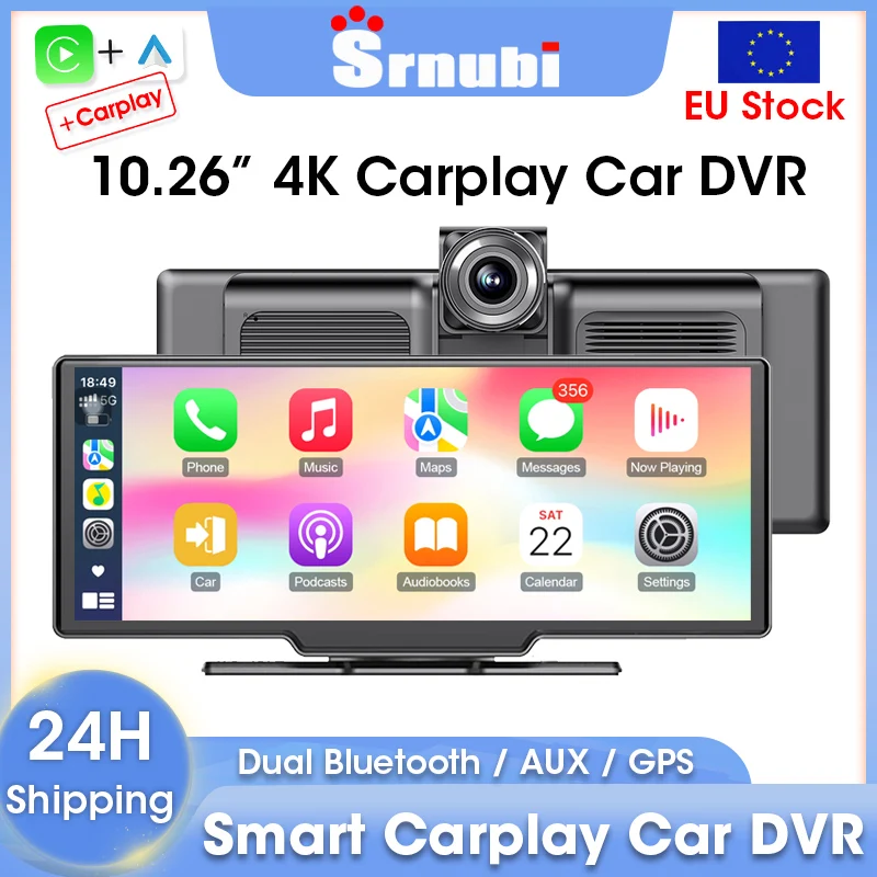 Srnubi 10.26" 4K+1080P Car DVR Carplay Dash Cam Rearview Android Auto GPS Navigation Player Dual Bluetooth Recorder Dashboard FM