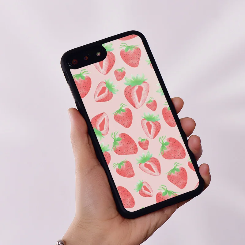 Wildflower Silicone Rubber Phone Case Cover for iPhone 6 6S 7 8 Plus X XS XR 11 12 13 14 15 Mini Pro Max Pink Strawberries