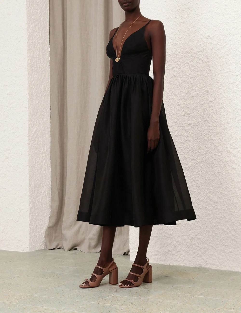 

Black Sleeveless Vintage 2025 New Summer High Quality Linen Silk Pleats Women Midi Dress