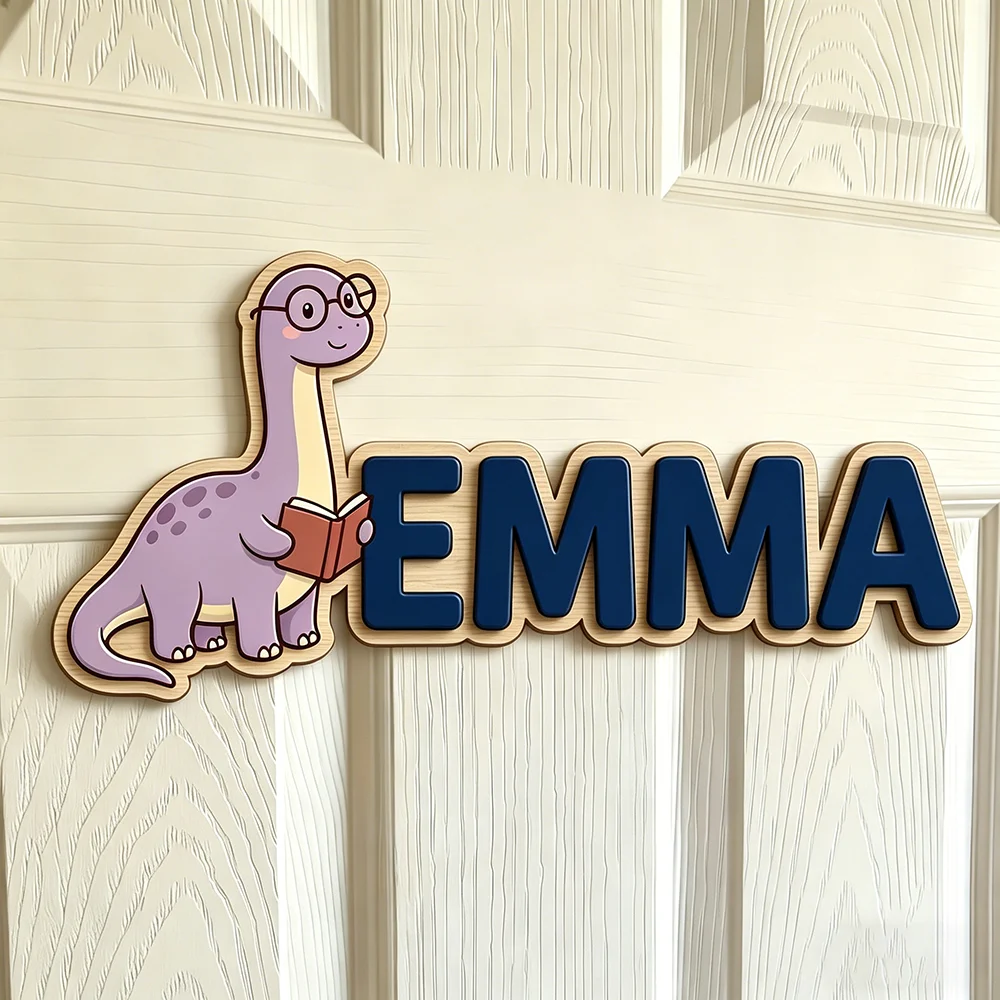 Whimsical Nerdy Dinosaur Custom Name Plaque for The Dearest Baby, Unisex Study-Themed Nursery Decor view 6
