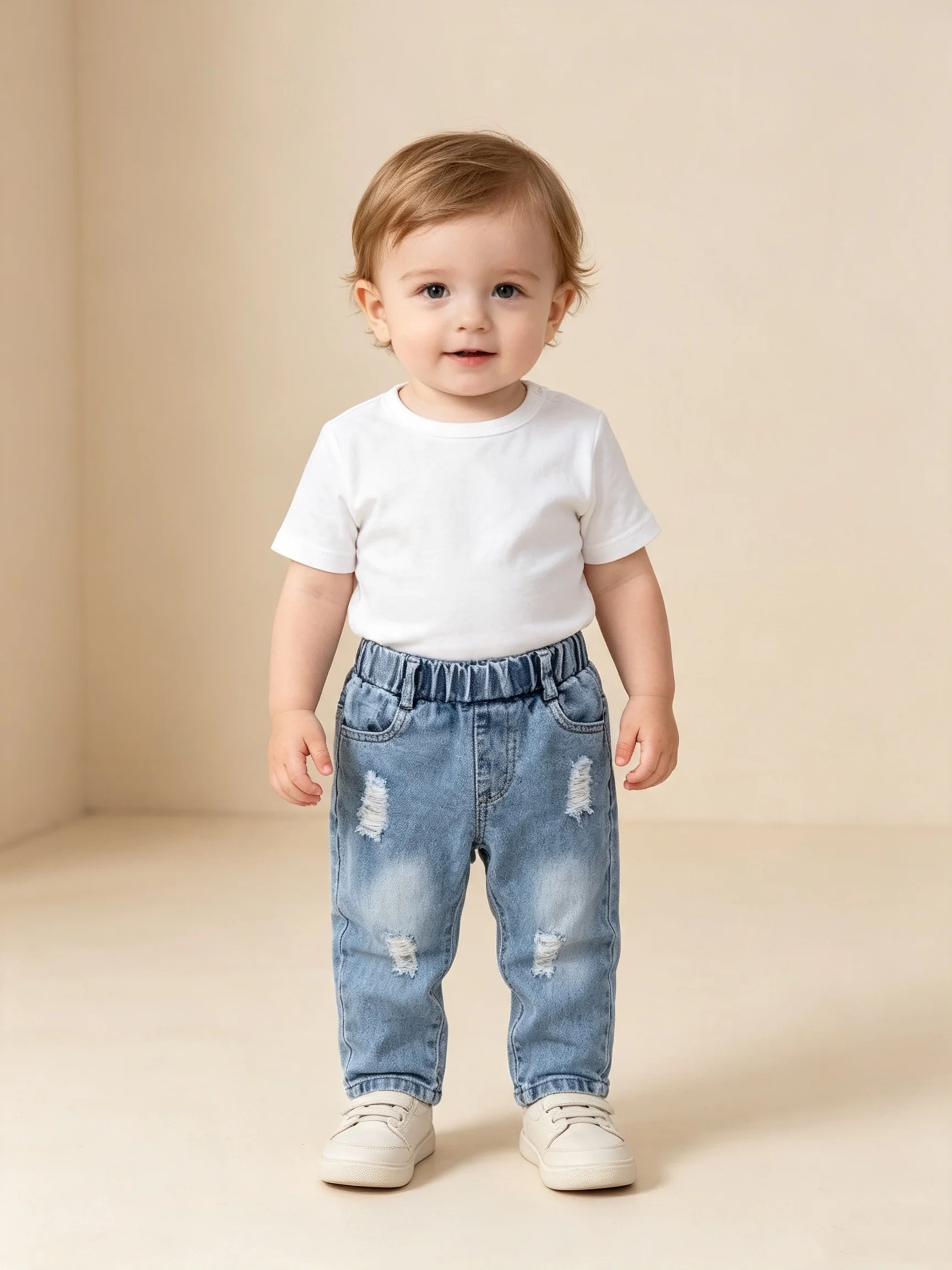 Boys Spring Autumn Light Blue Ripped Elastic Waist Jeans Long Pants for Babies