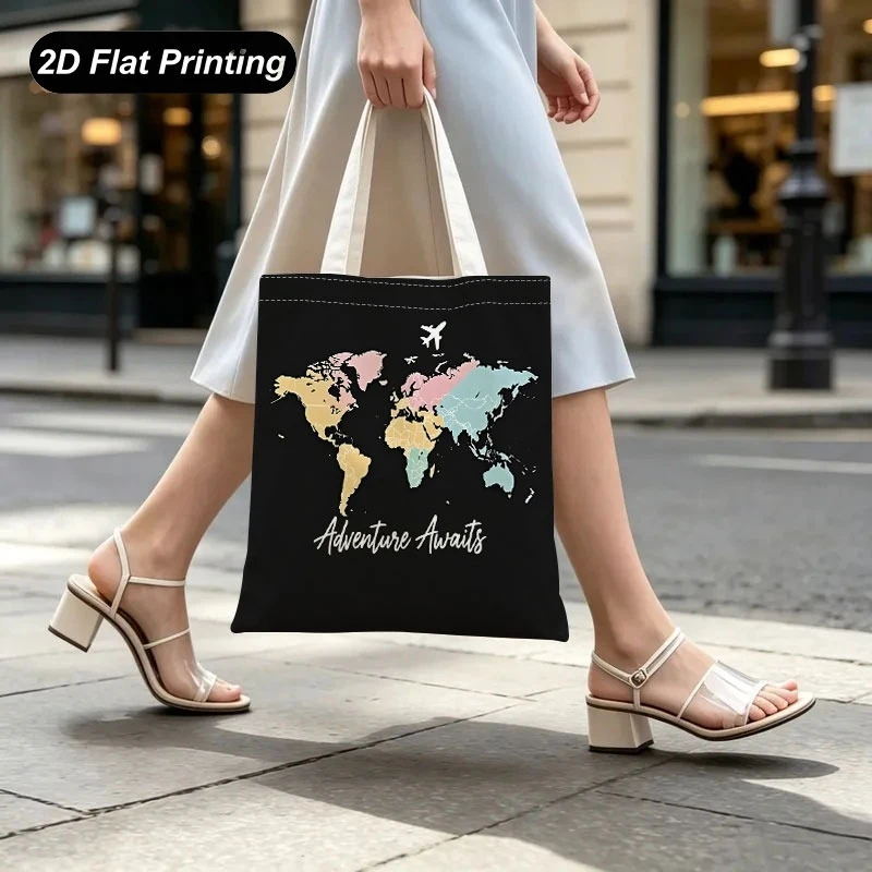 Tote Bag New Large-capacity Women's Handbag Map Pattern Colorful Aircraft Suitable Outdoor Travel Shopping Daily Use Reusable