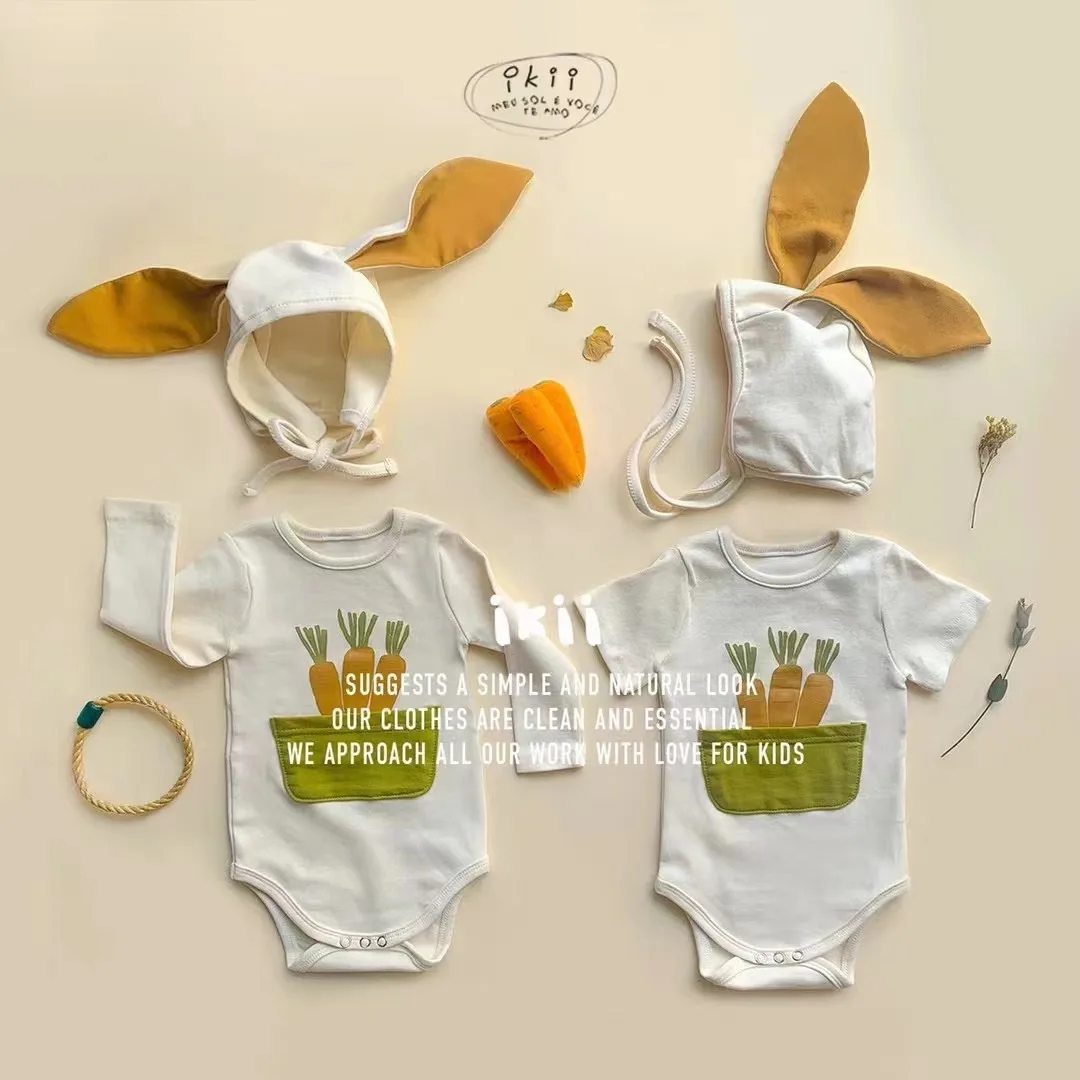 

2 Pcs Baby Boy Clothes Cartoon Carrot Summer Cotton Newborn Girls Romper + Hat Spring Clothing for 0-24M Kids