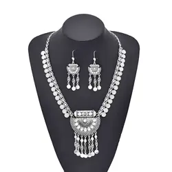 Fashion Vintage Ethnic Clear Rhinestone Long Tassel Drop Pendant  Necklace Dangle Earring Jewelry Set for Women Party