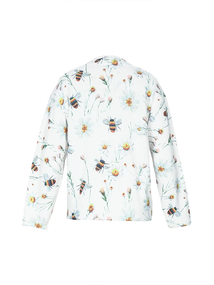 Damski luźny sweter z długim rękawem i dekoltem w szpic z nadrukiem pszczoły Jesienno-zimowy wydajny wybranie Wygodna dzianina